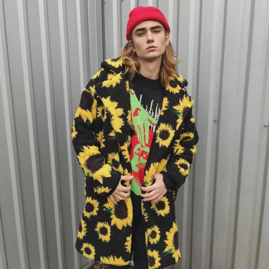 Sunflower Trench Coat Yellow Black Floral Fleece Festival Bomber Daisy ...