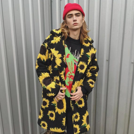 Sunflower Floral Fleece Trench Coat, Festival Rave Jacket - Etsy