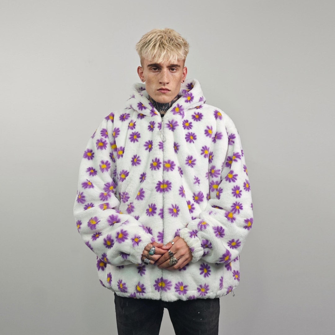 Floral Fleece Jacket White Daisy Print Bomber Fluffy Sunflower