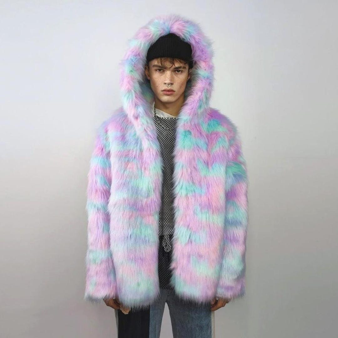 Fun Fur Candy Raver Hooded Candy Faux Fur Jacket, Pink Unicorn Bomber, Pastel Raver Puffer ...