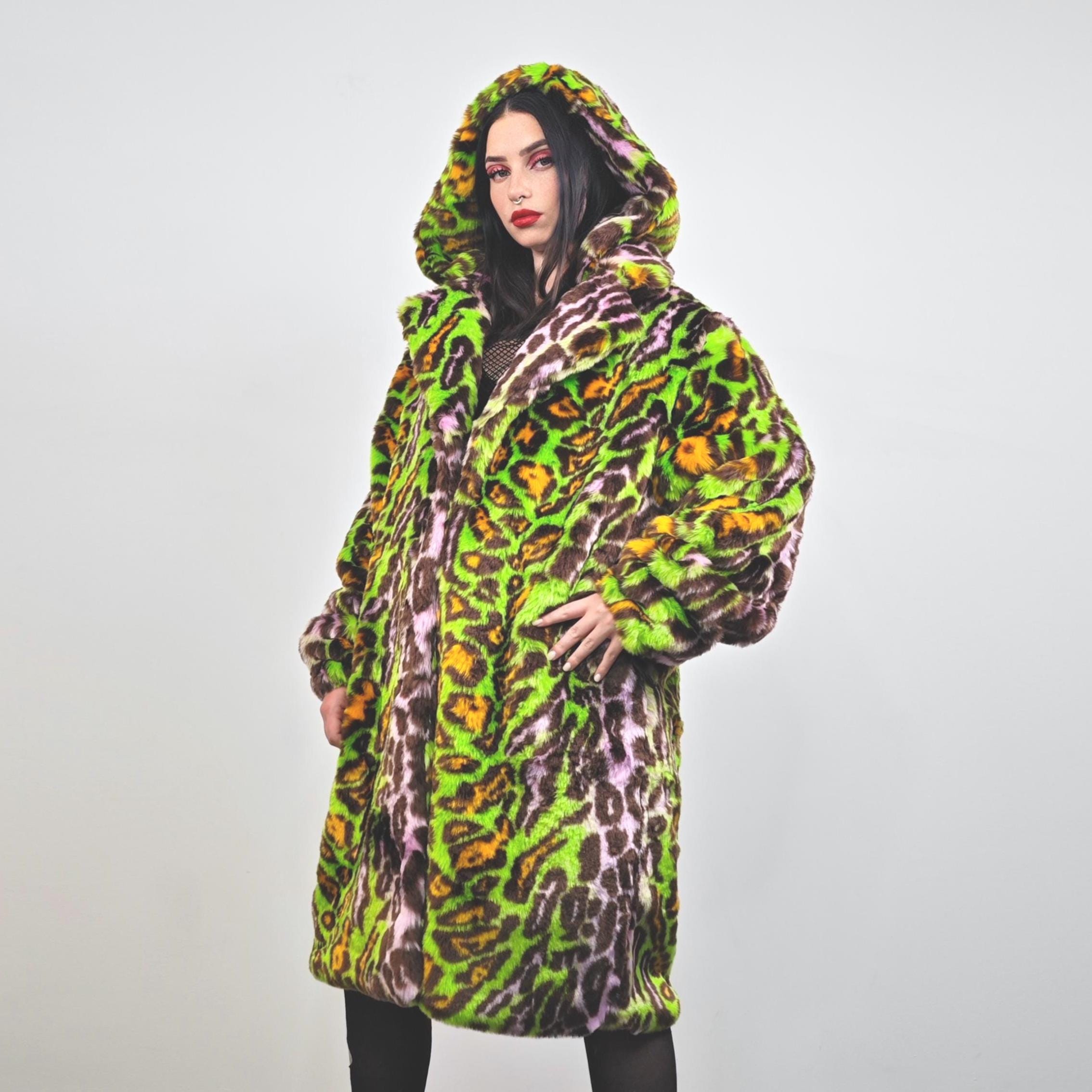 Green Leopard Faux Fur Trench, Neon Animal Print Burner Coat, 90s