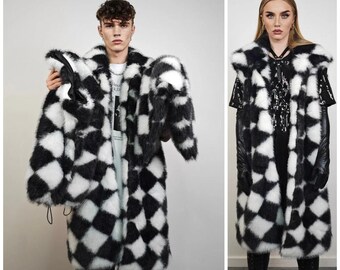 SKA Print Bomber Diamond Pattern Fur Coat Checked Long Trench