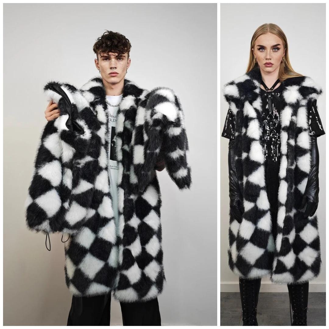 SKA Print Bomber Diamond Pattern Fur Coat Checked Long Trench