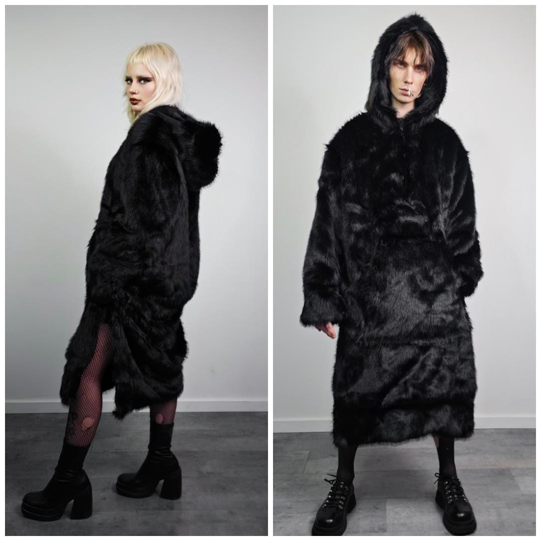 Extreme Black Faux Fur Coat Long Fluffy Half Zip Gothic Overcoat