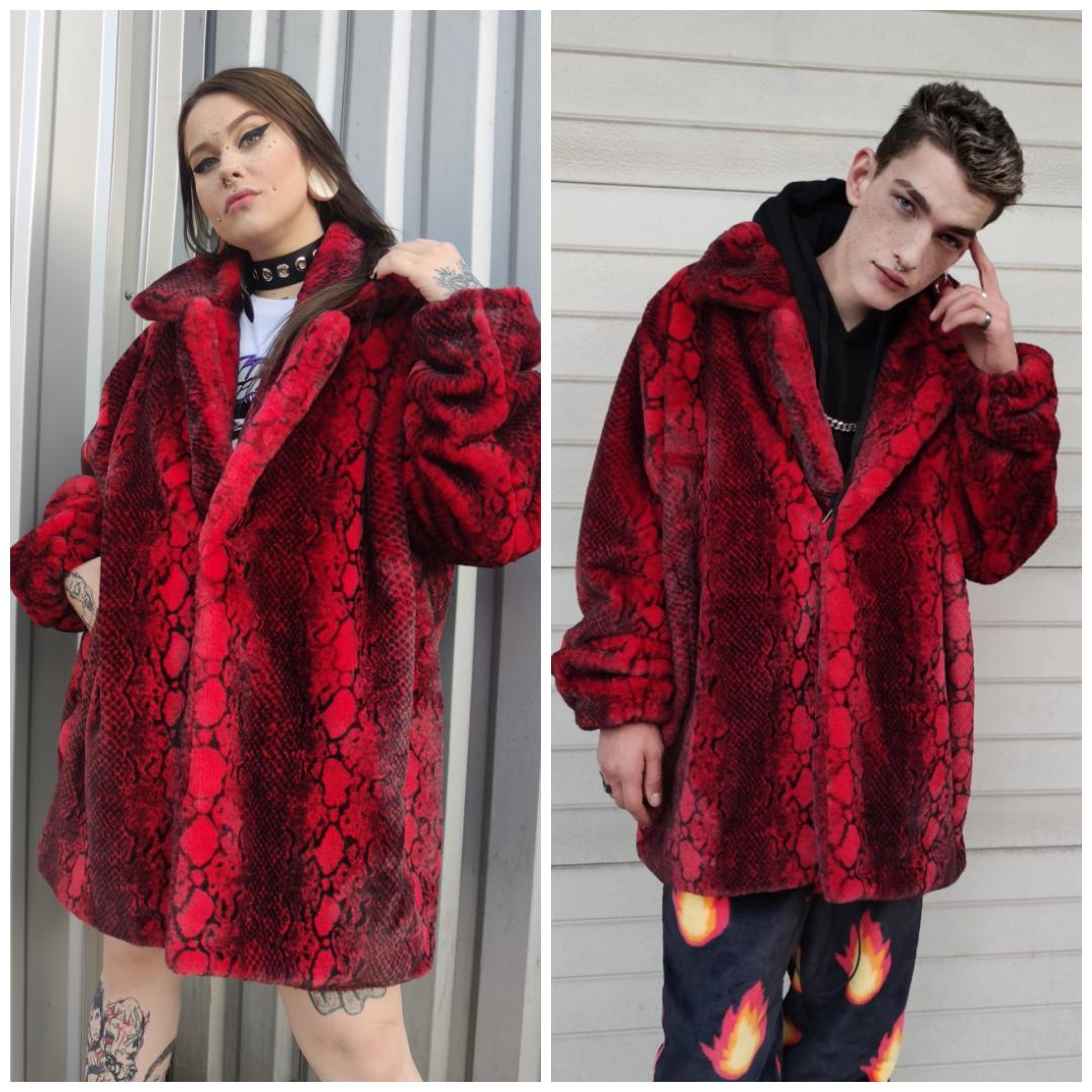 Red Snake Hoodie Faux Fur Jacket Shaggy Python Bomber 00s