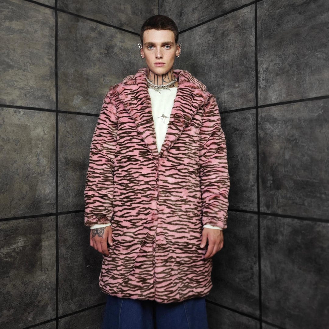 Zebra Faux Fur Coat Pink Brown Unisex Long Trench Striped Jacket