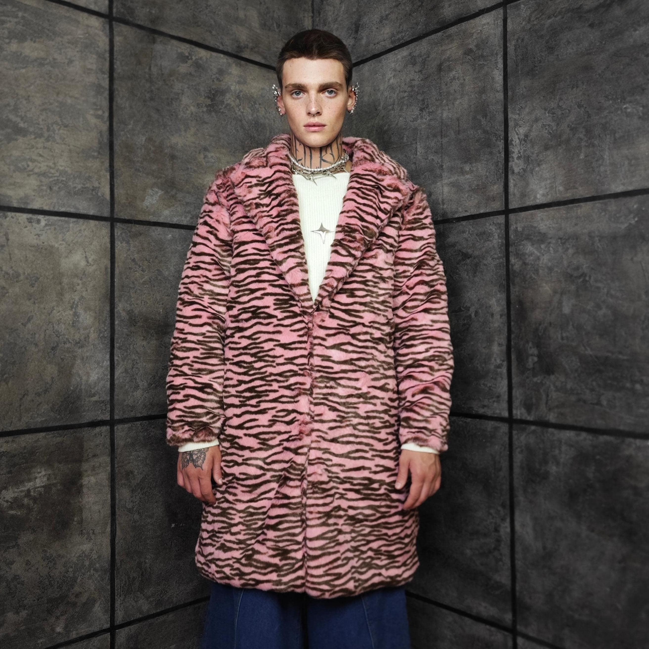 Zebra Faux Fur Coat Pink Brown Unisex Long Trench Striped Jacket