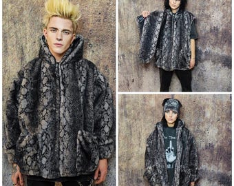 Red Snake Hoodie Faux Fur Jacket Shaggy Python Bomber 00s
