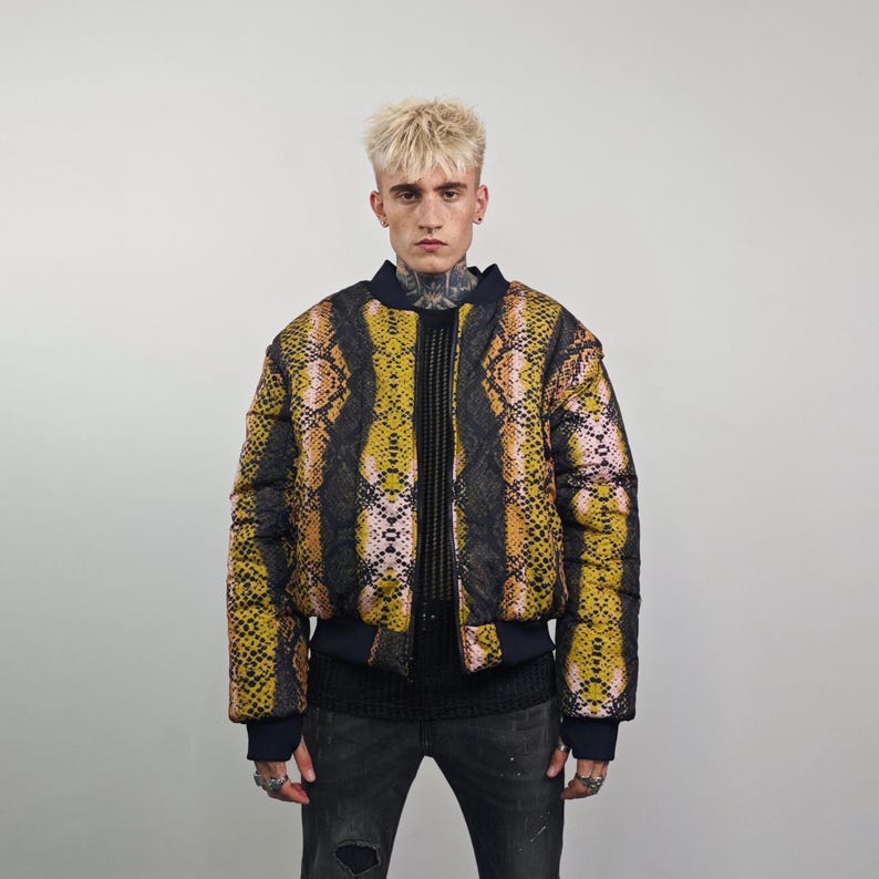 Snake print bomber brown python jacket reversible college varsity detachable sleeves handmade grunge rocker coat