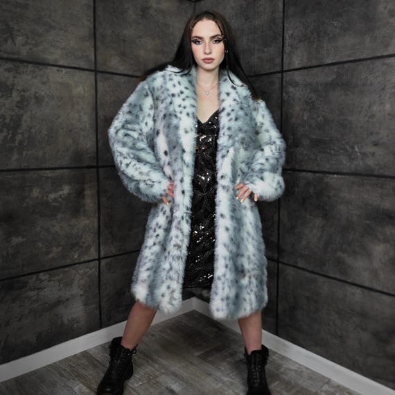 ジャケット・アウター herliptoConvertible Faux Fur Tippet Coat Bobcat Faux Fur Coat Gray White Luxury Fluffy Animal Print Trench