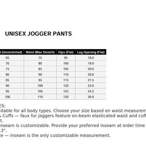 May include: A chart titled "UNISEX JOGGER PANTS" with size measurements. Sizes range from XXS to XXXL, with waist, hips, and leg opening measurements in inches. Product notes include unisex design, elastic waistband, and custom inseam.