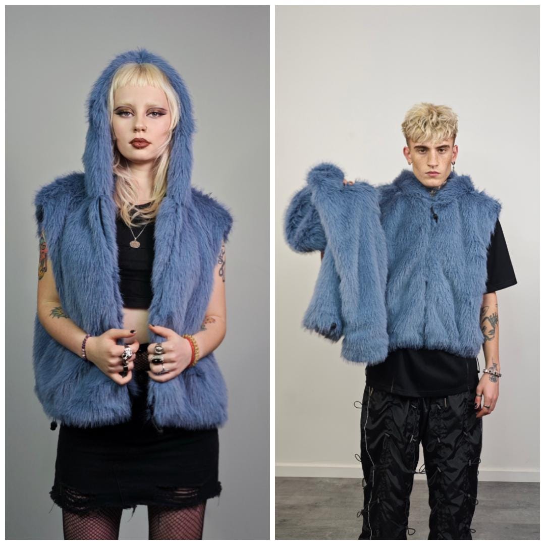 Blue Faux Fur Jacket Shaggy Cropped Bomber Short Going Out Coat