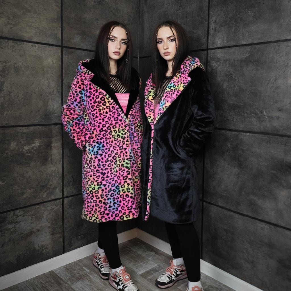 Rainbow Plush Coat Animal Print Reversible Trench Neon Unicorn