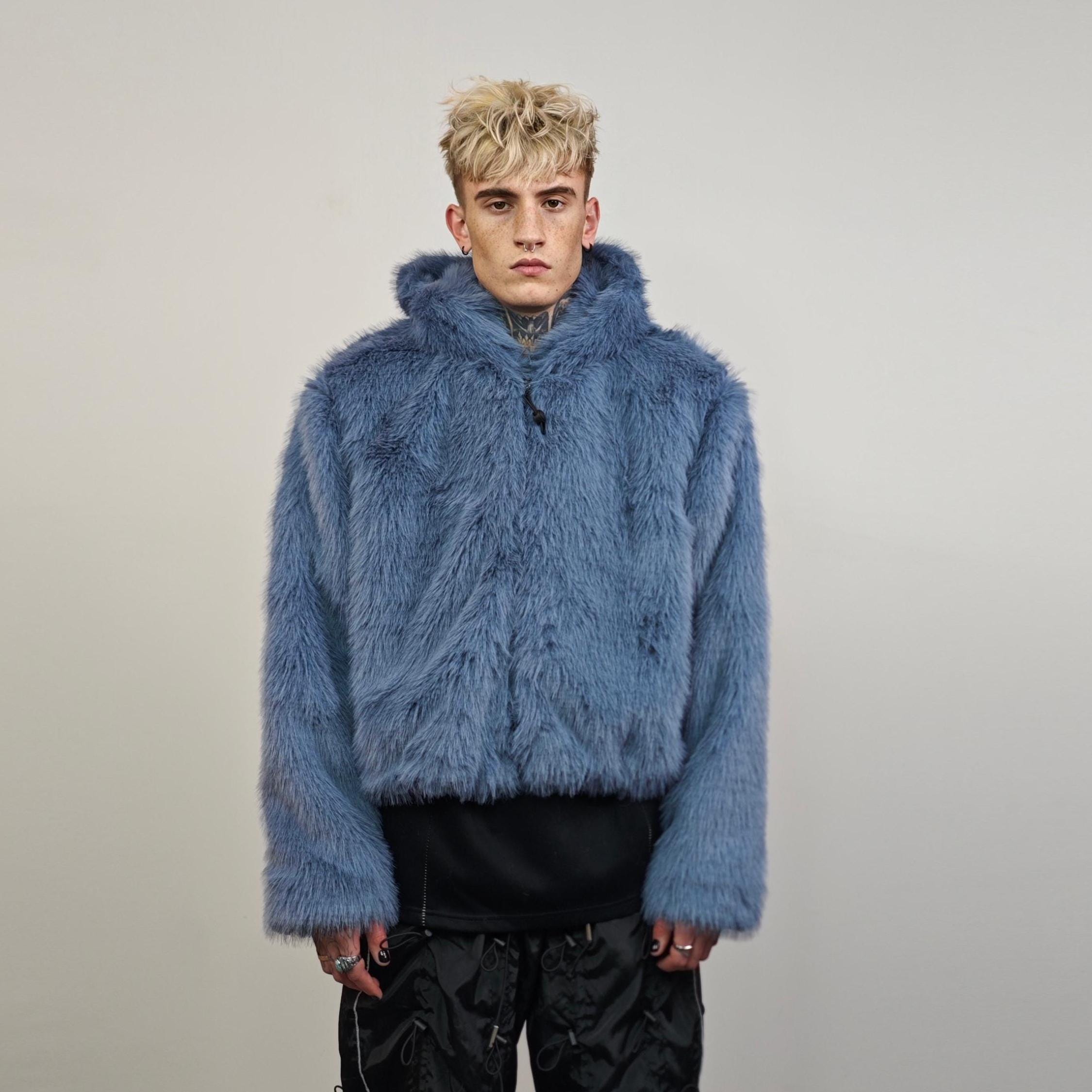Faux Fur Jacket Grey Cropped Hoodie, Shaggy Short Coat, Unisex