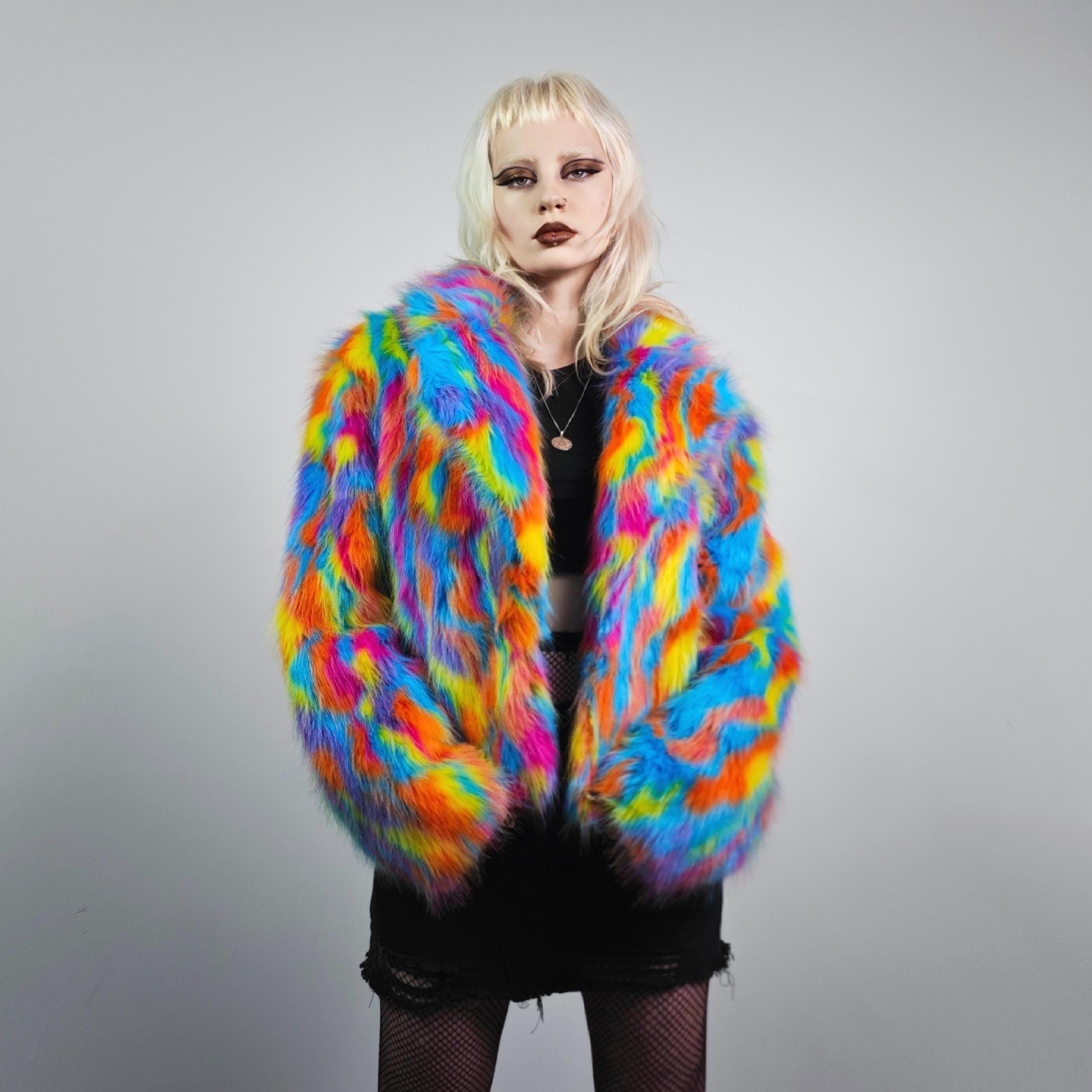 Cropped Faux Fur Psychedelic Coat 70s Trench Neon Rave Bomber Fluffy ...