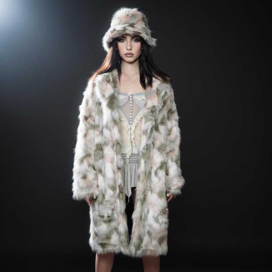 Camouflage Furry Jacket, Unisex Festival Coat, Green Pink Camo