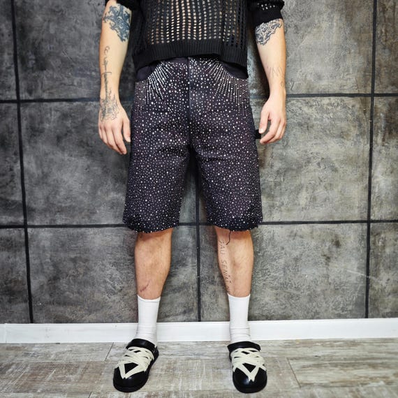 Black Diamond Embellished Denim Shorts Rhinestone Jean Trousers