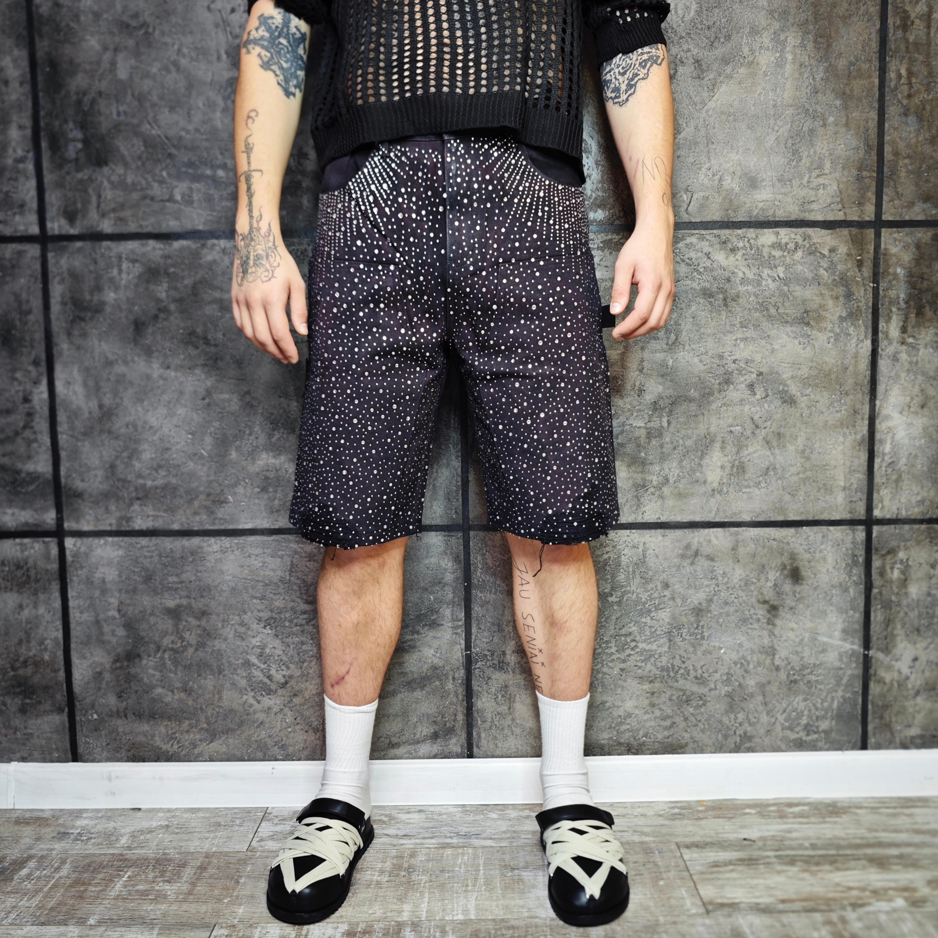 Black Diamond Embellished Denim Shorts Rhinestone Jean Trousers