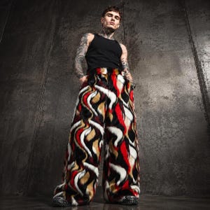 70s Hippie Faux Fur Trousers, Psychedelic Wide Leg Pants, Red Black Shaggy Rave Joggers, Festival Flared Palazzo, Bootcut Playa Bottoms