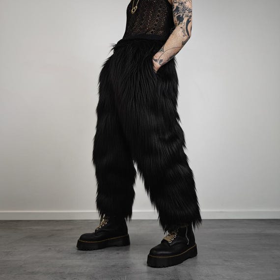 Black Faux Fur Joggers, Shaggy Rave Pants, Fluffy Burner Bottoms