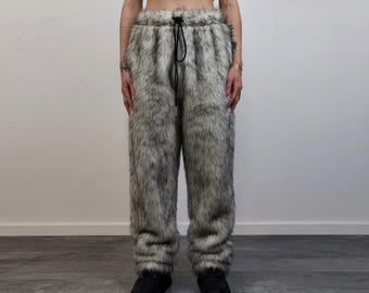 Brown Faux Fur Shaggy Trousers, Unisex Statement Pants, Cozy