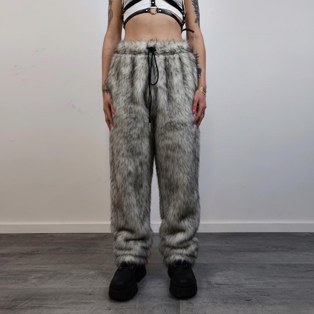 Brown Faux Fur Shaggy Trousers, Unisex Statement Pants, Cozy