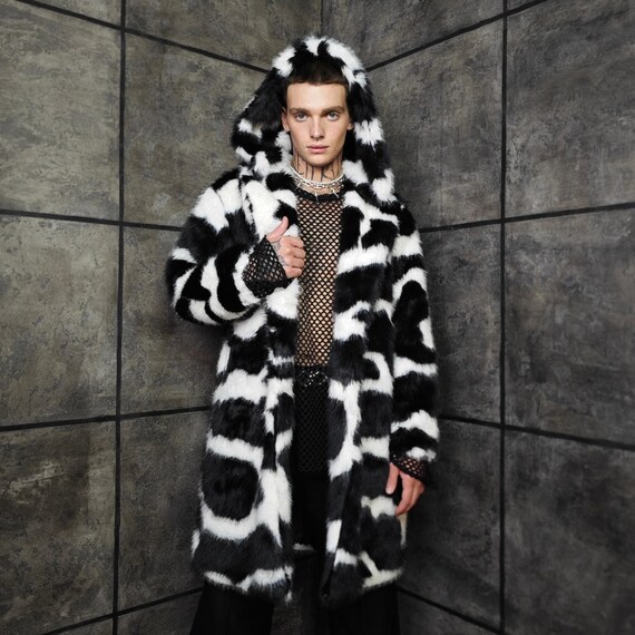 Cow Print Faux Fur Coat Hooded Black White Luxury Fluffy Spot
