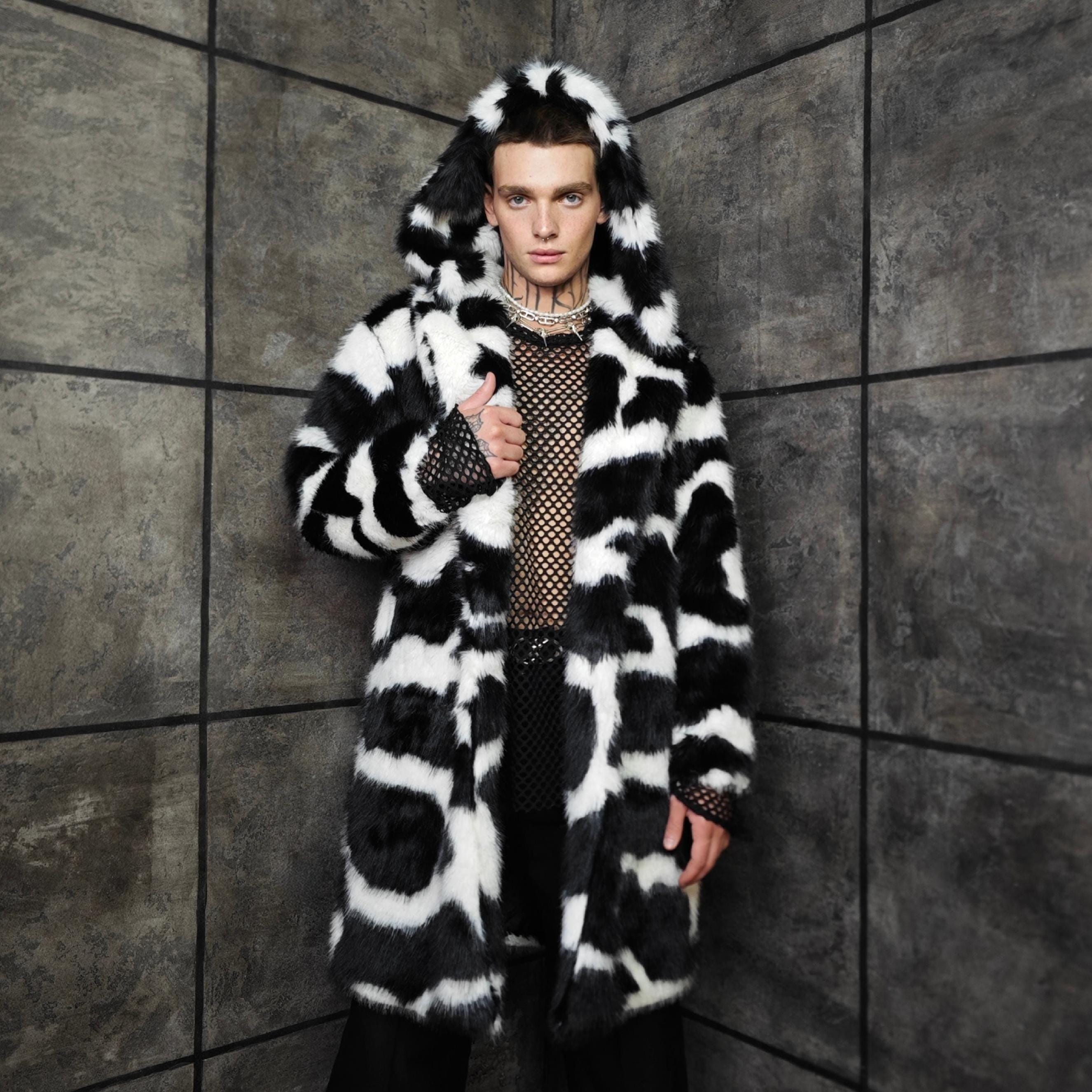 Cow Print Faux Fur Coat Hooded Black White Luxury Fluffy Spot