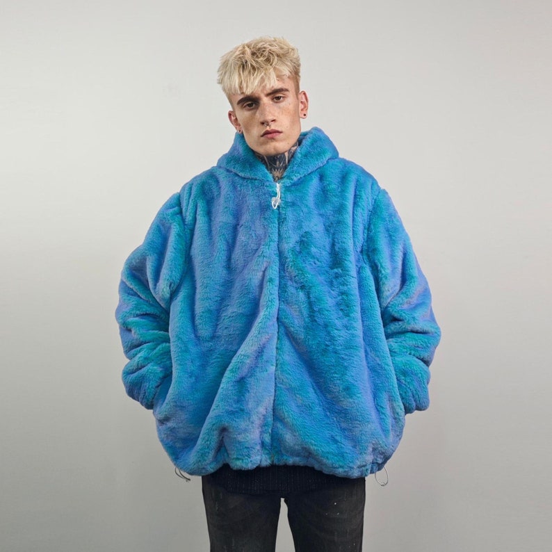 Chameleon Faux Fur Jacket Blue Luminous Fleece Color Changing Bomber Psychedelic Pullover ...