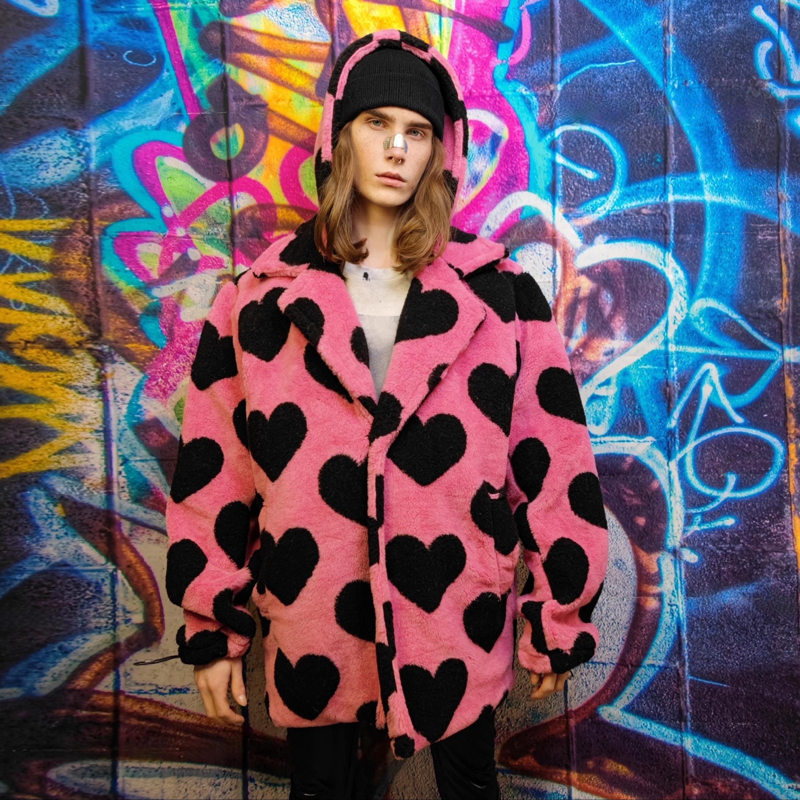 メンズウェア felkod Mock Neck Heart Cut sew Heart Fleece Coat Neon Pink Romantic Pattern Trench Love Jacket