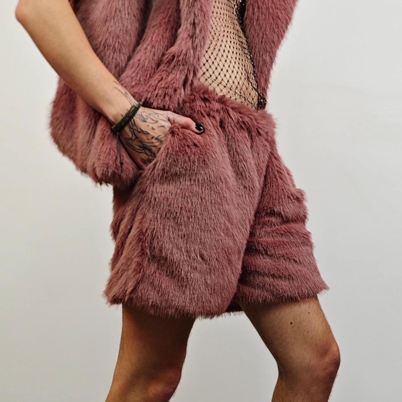 Brown faux fur shorts shaggy cropped pants short going out trousers fuzzy grunge joggers handmade luxury festival overalls fleece set