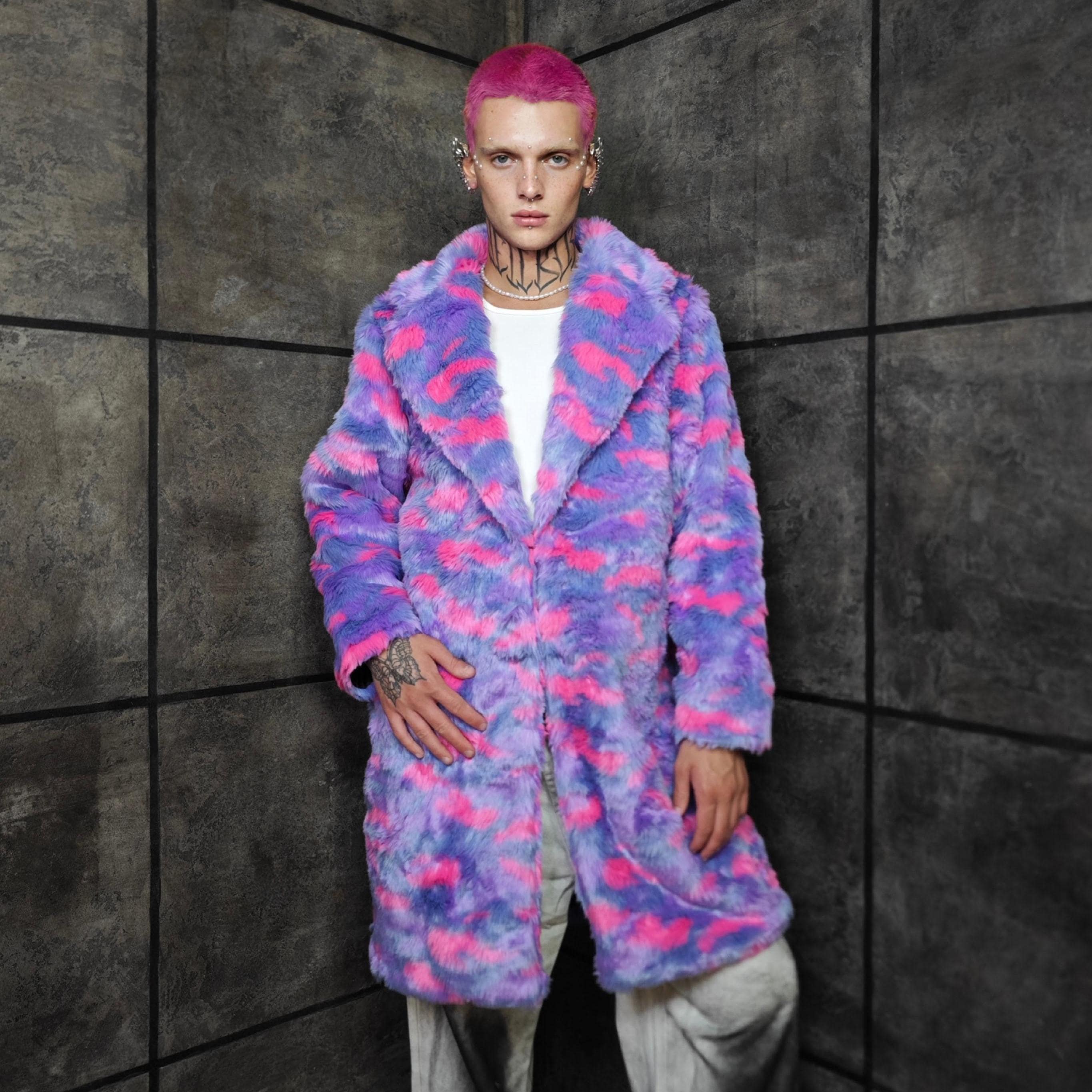Neon Pink Purple Faux Fur Coat Camo Trench Unisex Spotted Shaggy