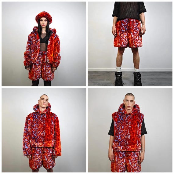 トップス Y2K darkwear leopard fur foodie jacket Blue Orange Leopard Faux Fur Jacket Neon Animal Print Hoodie Y2K