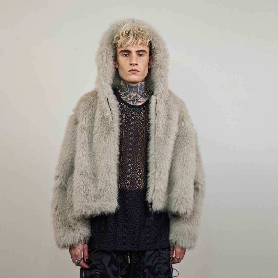 Gray Faux Fur Jacket Shaggy Cropped Bomber Short Going Out