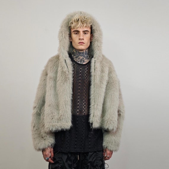 Faux Fur Jacket Grey Cropped Hoodie, Shaggy Short Coat, Unisex