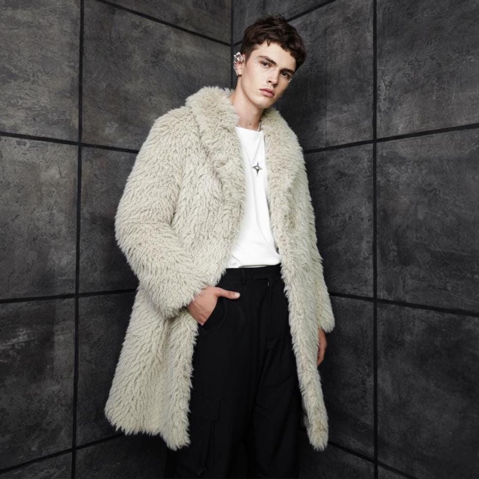 Monster Fur Coat Cream Unisex Long Pile Trench Shaggy Jacket