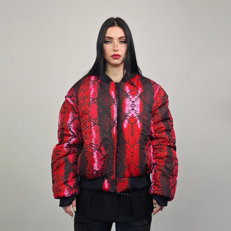 Snake print bomber red python jacket reversible college varsity detachable sleeves handmade grunge rocker coat