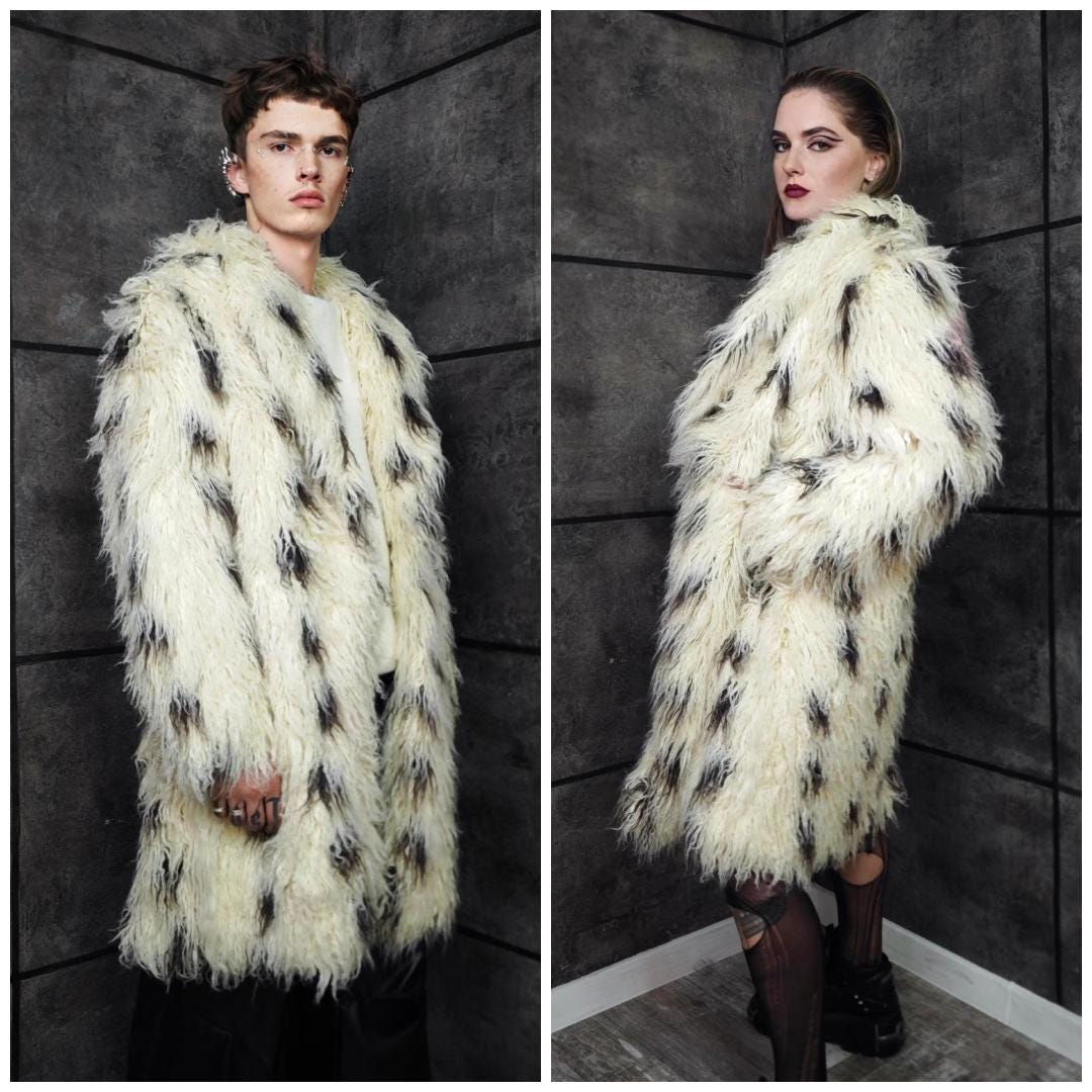 ジャケット・アウター eaphi no collar shaggy long coat Speckled Faux Fur Coat Shaggy White Black Spotted Oversize Burner