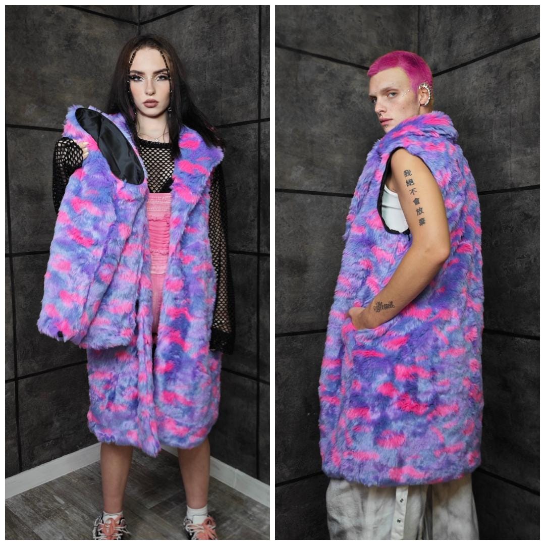 Purple Pink Faux Fur Hooded Coat, Rave Statemen Trench, Club
