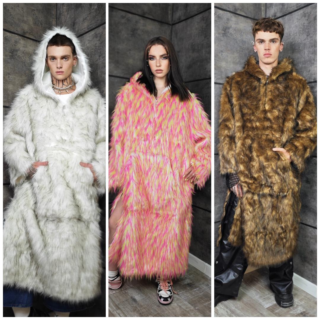 Purple Faux Fur Hoodie, Shaggy Neon Rave Jacket, Lilac Fluffy Coat