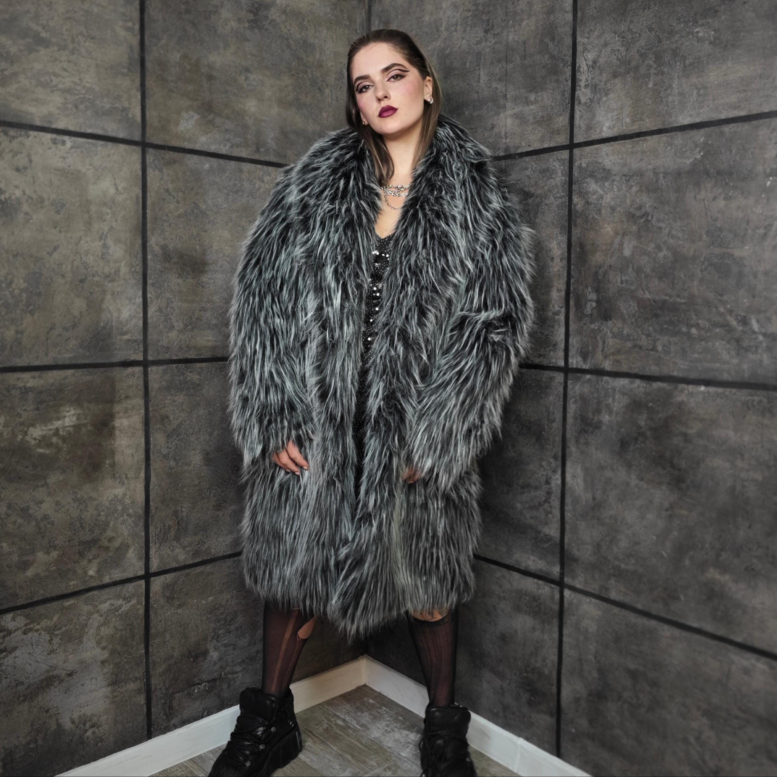 Luxury Shaggy Faux Fur Coat Black White Oversize Fuzzy Trench