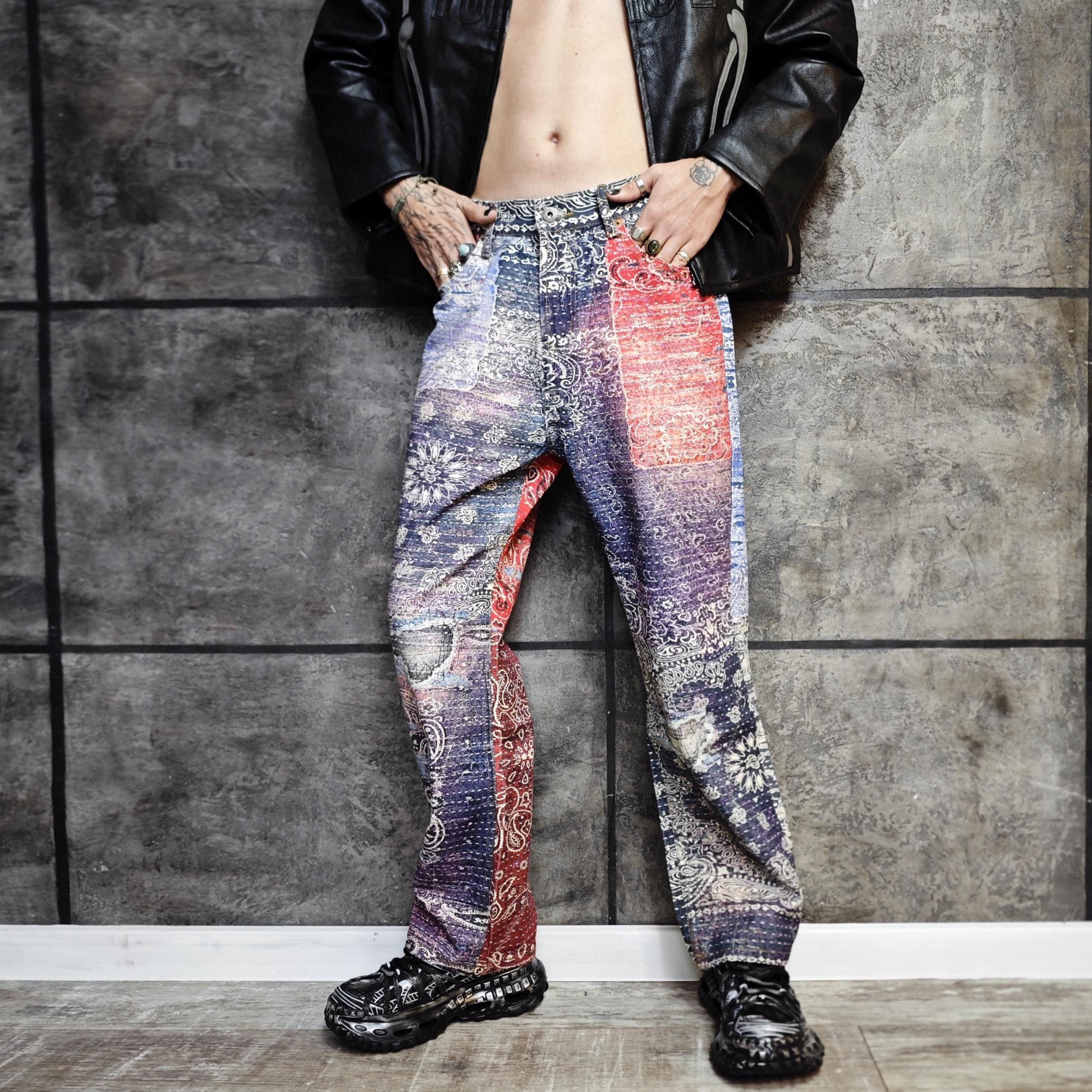 Bandana Jeans Boho Patchwork Print Pants Unisex Paisley Denim