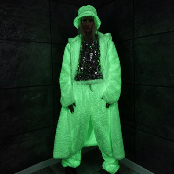 Glow in the Dark Rave Jacket, UV Reactive Hooded Parka, Phosphorus