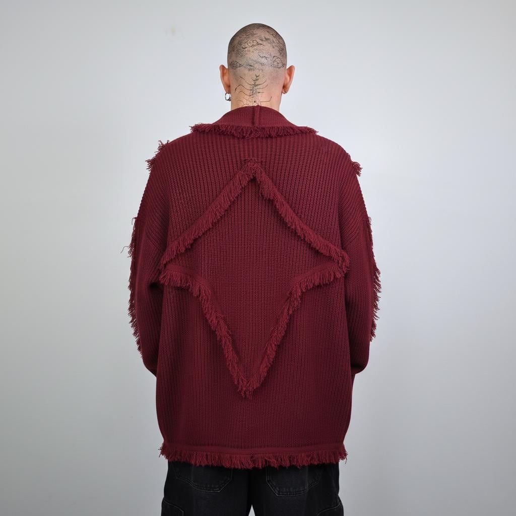 Burgundy Distressed Open Front Cardigan, Shredded Wine Red Knit