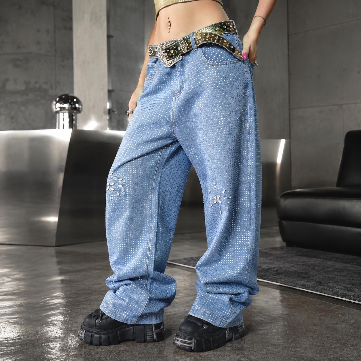 Rhinestone Baggy Jeans - Etsy