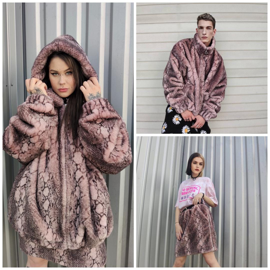 Red Snake Hoodie Faux Fur Jacket Shaggy Python Bomber 00s