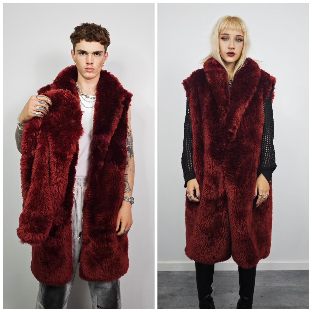 Burgundy Faux Fur Duster Coat: Shaggy Rave Festival Overcoat - Etsy