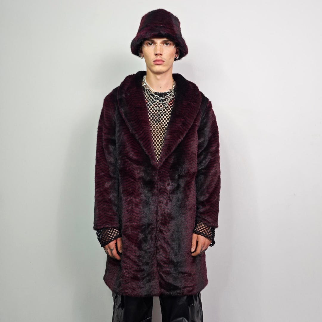 Striped Burgundy Faux Fur Trench Coat, Gothic Glam Long Jacket