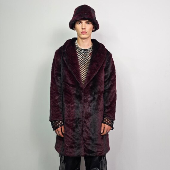Striped Burgundy Faux Fur Trench Coat, Gothic Glam Long Jacket