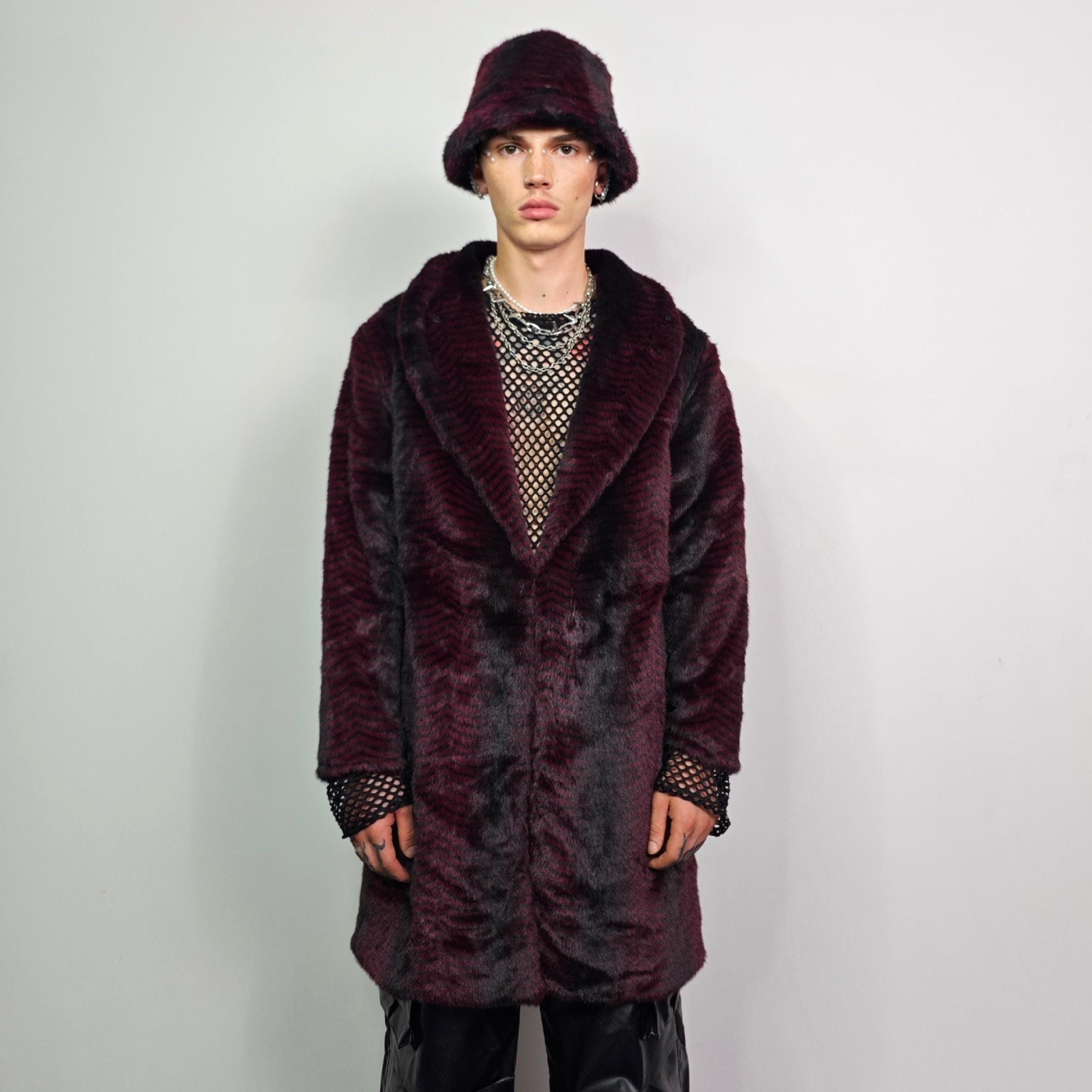 Striped Burgundy Faux Fur Trench Coat, Gothic Glam Long Jacket